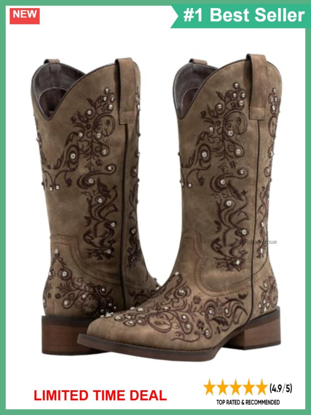 Faux Leather Western Cowboy Boots with Rhinestone Floral Embroidery Square Toe